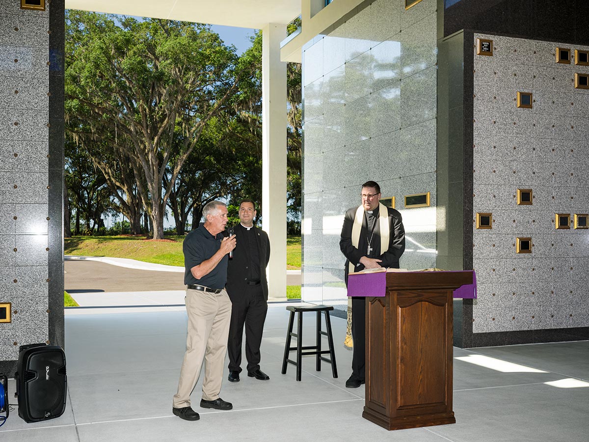 April 26, 2024 - Dedication & Blessing: Diocese of St. Petersburg Director of Cemeteries, Terry Young, Fr. Ralph D'Elia and Bishop Gregory Parkes. Resurrection Cemetery located at 10668 E. Sligh Ave. in Seffner, Fla. is blessed and dedicated by the Most Rev. Gregory Parkes, bishop of the Catholic Diocese of St. Petersburg. Construction of the mausoleums and cemetery office has been completed after three years. Resurrection Cemetery is Hillsborough County’s newest and most unique cemetery, nestled in a 120-acre nature preserve.
