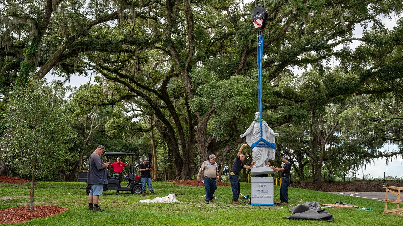 Larger-than-life granite statues arrive at Resurrection Cemetery, Hillsborough County, Fla.